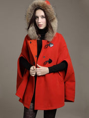 Hooded Fur Poncho Wool Coat Loose Poncho Outwear