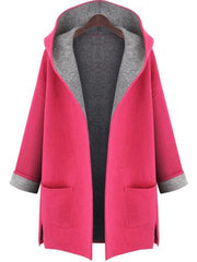 Hooded Patch Pocket Woolen Color Block Coat