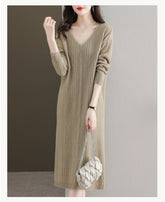 Fashion Casual Loose Pure V neck Long sleeve Knit Maxi Dresses
