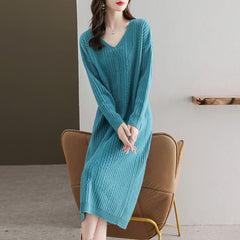 Fashion Casual Loose Pure V neck Long sleeve Knit Maxi Dresses
