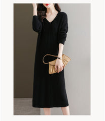 Fashion Casual Loose Pure V neck Long sleeve Knit Maxi Dresses