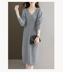 Fashion Casual Loose Pure V neck Long sleeve Knit Maxi Dresses