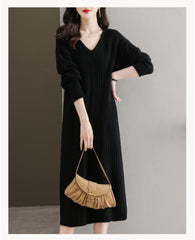 Fashion Casual Loose Pure V neck Long sleeve Knit Maxi Dresses