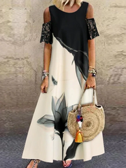 Lace Floral Vacation Short Sleeve Woven Maxi Dress