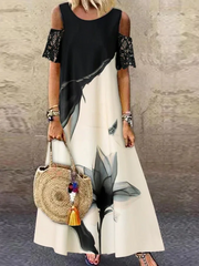 Lace Floral Vacation Short Sleeve Woven Maxi Dress
