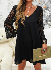 Lace Solid Long Sleeves Flare Sleeves Shift Above Knee Elegant Shift Dresses