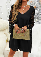Lace Solid Long Sleeves Flare Sleeves Shift Above Knee Elegant Shift Dresses