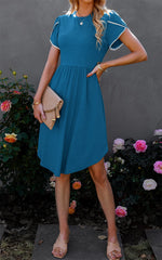 Lace pleated solid color summer fashion short sleeve skater dresses