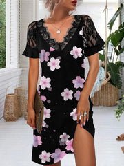 Lace v neck printed fashion women skater mini dresses