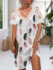 Lace v neck printed fashion women skater mini dresses