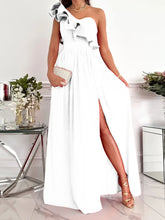 Off Shoulder Diagonal Collar Ruffle Hem Evening Maxi Dress