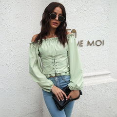 Lantern sleeve off shouldr collar short top women's long sleeve chiffon T-shirts