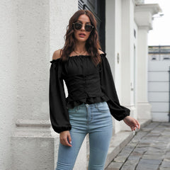 Lantern sleeve off shouldr collar short top women's long sleeve chiffon T-shirts