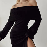 Off-Shoulder Lapel Neck Long Sleeve Maxi Dress