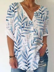 Leaf Print Loose Casual Short-sleeved Blouses for ladies