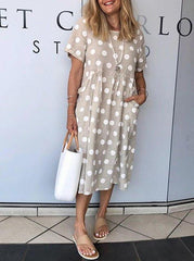 Light Gray Shift Short Sleeve Polka Dots Pockets Dresses