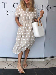 Light Gray Shift Short Sleeve Polka Dots Pockets Dresses