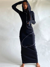 Patchwork Hooded Long Sleeve Skinny Maxi Dress