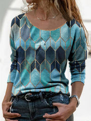 Long-sleeved retro geometric printed T-shirts