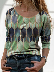 Long-sleeved retro geometric printed T-shirts