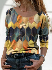 Long-sleeved retro geometric printed T-shirts