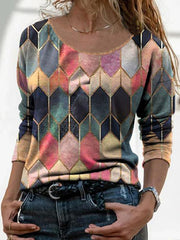 Long-sleeved retro geometric printed T-shirts