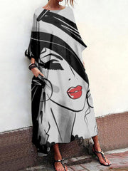 Loose Casual Abstract Print Crew Neck Three Quarter Sleeves Dress Maxi Dress