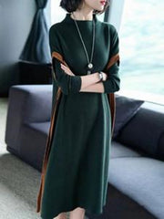 Green Paneled Elegant Stand Collar Knitted Dress