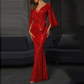 Elegant Sequins Mermaid Evening Dress Long Sleeve V-Neck High Waist Corset Dress