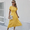 Sweet Solid Dress Puff Short Sleeve O Neck High Waist Casual Long Dresses