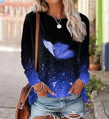 Ladies Long Sleeve T-Shirt Autumn Butterfly Printed Casual Tops