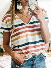 Fashion Stripe print V neck Short sleeve T-Shirts
