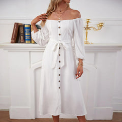Casual Pure One shouder Long sleeve Fastener Maxi Dresses