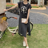 Fashion printed short sleeves slit Irregular Hem T-shirts