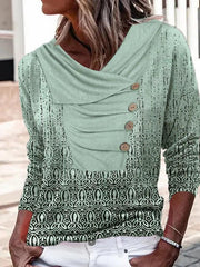 Long Lapel Button Design Printed T-Shirts Fashion Tops