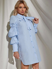 Stylish Pure Bow tie Puff sleeve Shirt Shift Dresses