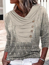 Long Lapel Button Design Printed T-Shirts Fashion Tops