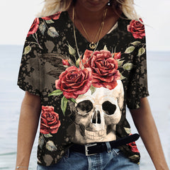 Summer Fashion Skull Printed V neck Short Sleeve T-shirts