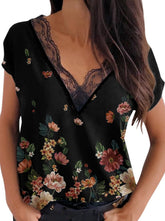 Lace V neck printed women fashion blouses tops