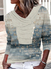 Long Lapel Button Design Printed T-Shirts Fashion Tops