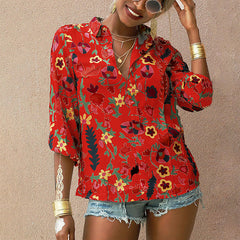 Flower printed women turn down neck long sleeve blouses