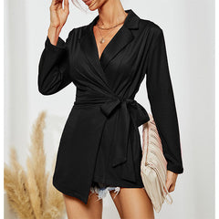 Turn down neck women long sleeve tie waist blazer dress coats (11 colors)