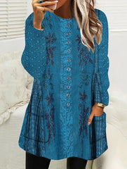 Long-Sleeve Printed Round Neck Loose Pocket Shift Dresses