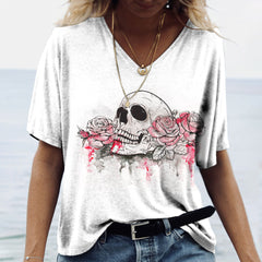 Summer Fashion Skull Printed V neck Short Sleeve T-shirts