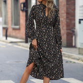 Waist Closing Floral Velvet Dress