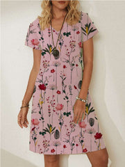 Stylish Floral print V neck Short sleeve Shift Dresses
