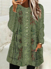 Long-Sleeve Printed Round Neck Loose Pocket Shift Dresses
