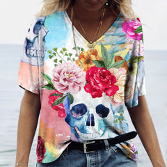 Summer Fashion Skull Printed V neck Short Sleeve T-shirts