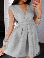 Fashion Sexy Grenadine Gored Sequins V neck Long sleeve Skater Dresses