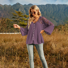 Lace flower v neck button design women long sleeve T-shirts Tops